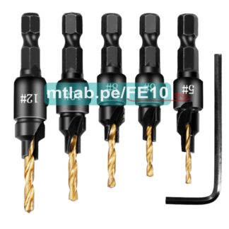 Juego de encimeras, portabrocas para avellanado de tornillos #5, #6, #8, #10 y #12.