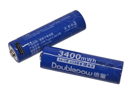 Pack de 2 Baterias de Litio AA 1.5V 3400mWh, Recargable con entrada USB tipo C, Doublepow