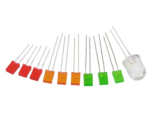 Set de 10 leds 5mm (Rojo, Verde, Naranja y Blanco 10mm), Juego Kit de LED Difusos Cuadrados